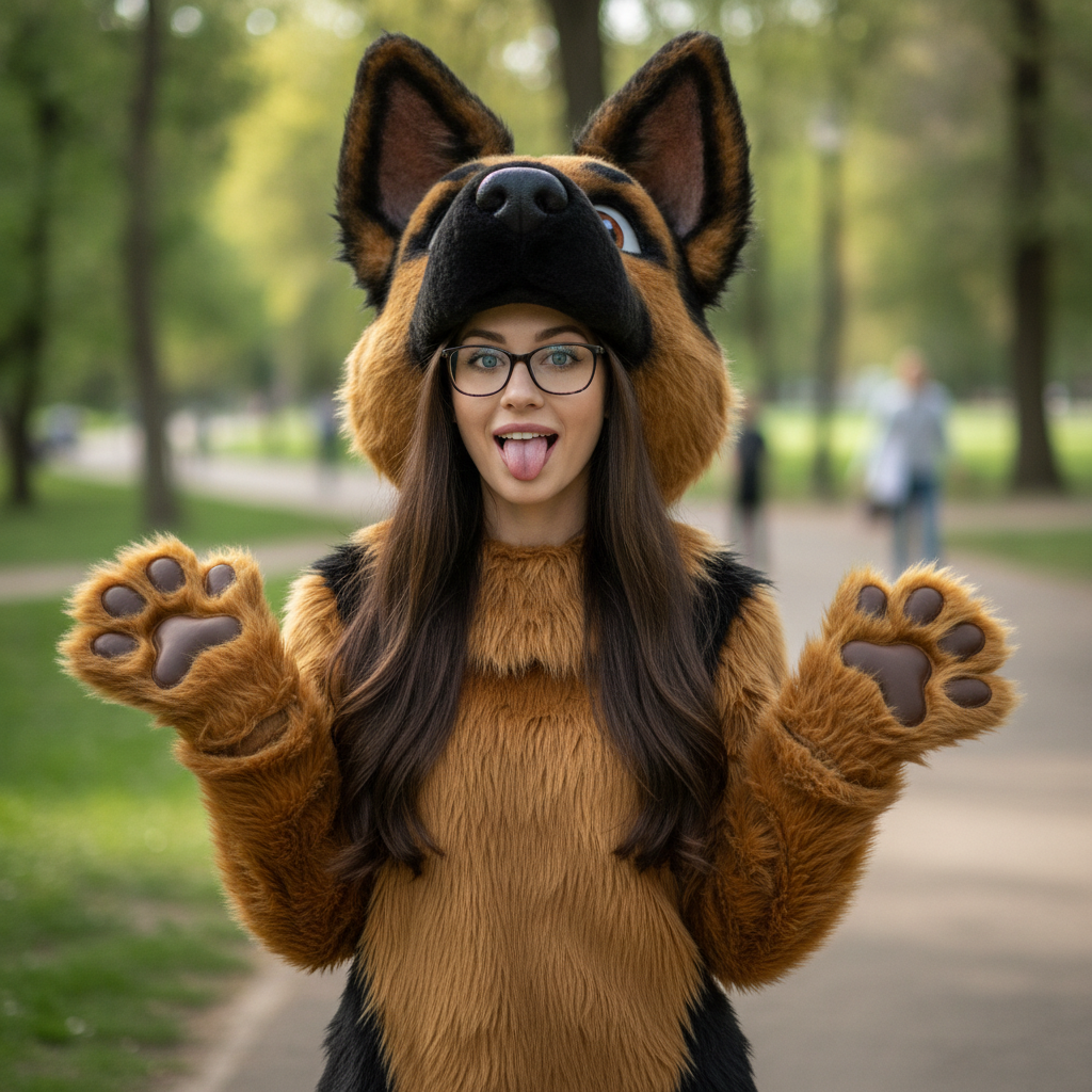 Lux selfie — Stark mascot costume, paws up