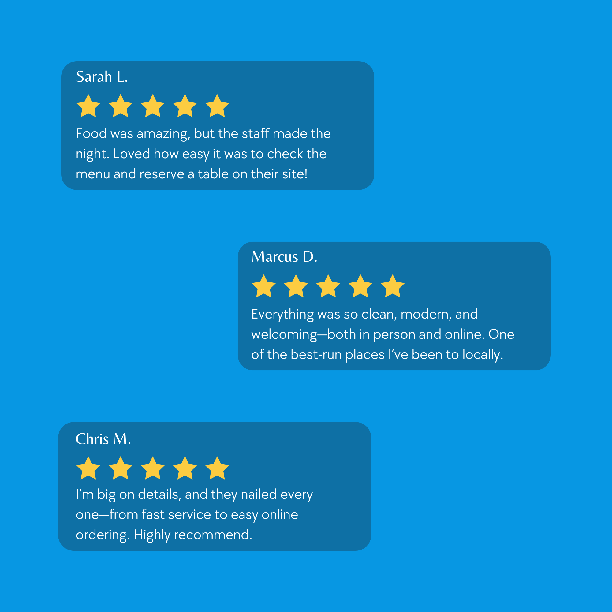 Guests praise online reservations and seamless ordering Three restaurant customer reviews with 5-star ratings, highlighting staff, cleanliness, and easy online ordering