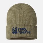 Olive green rib-knit beanie with cuffed edge, embroidered with Stark Create logo and branding