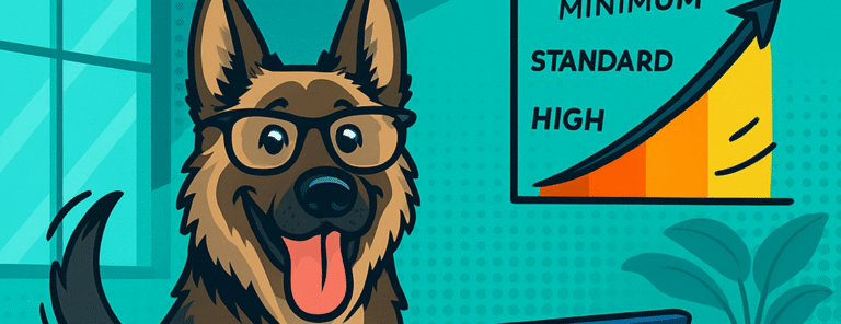 Happy Stark Create German Shepherd mascot at desk with laptop, graph showing content levels from minimum to high for SEO