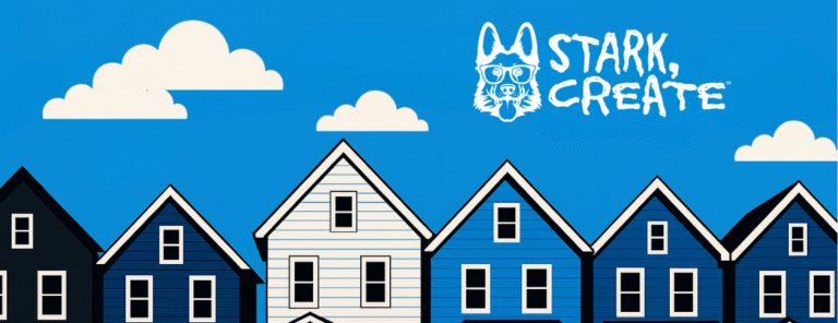 Illustration of a row of blue and black houses under a bright blue sky with clouds, featuring the Stark Create logo in the top right corner.