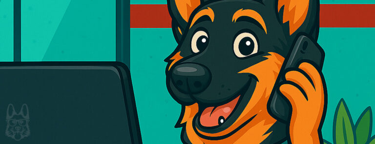 Cartoon-style German Shepherd dog in the background of an office scene with a desk and computer.