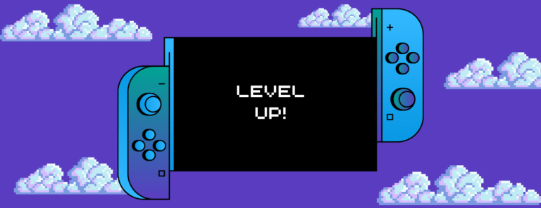 Illustration of a gaming console with "Level Up" text on the screen, surrounded by pixelated clouds on a purple background.