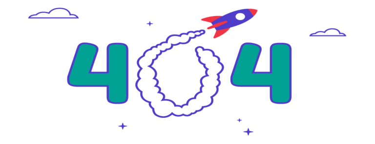 A creative 404 error graphic where the zero in "404" is formed by the looping smoke trail of a small rocket ship flying through the sky.