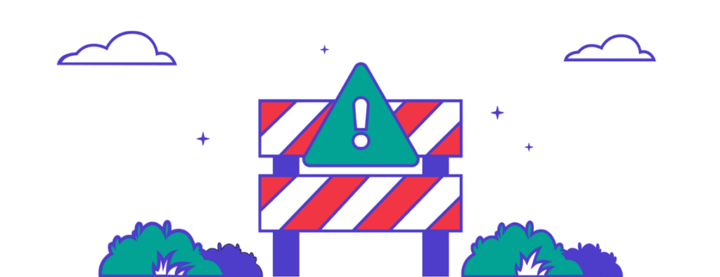 Illustration of a red and white striped road barrier with a green triangular warning sign containing an exclamation mark.