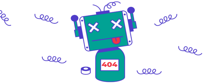 A cartoon illustration of a malfunctioning green and purple robot with X's for eyes and its tongue sticking out. It has the number 404 on its chest, symbolizing a "page not found" error.