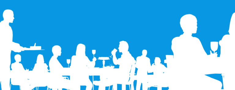Silhouetted group of restaurant diners and a waiter with a tray, set against a bright blue background