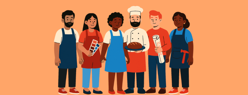 Illustration of six diverse small business owners standing side by side, each dressed to represent their profession—including a chef, designer, artisan, baker, architect, and mechanic—highlighting small business community and collaboration.