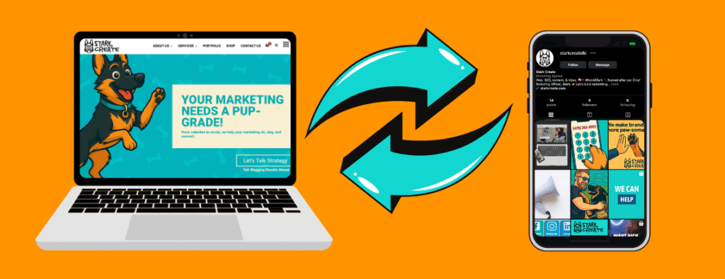 Illustration of a website on a laptop and a social media profile on a smartphone, connected by circular arrows to represent an aligned digital marketing strategy.