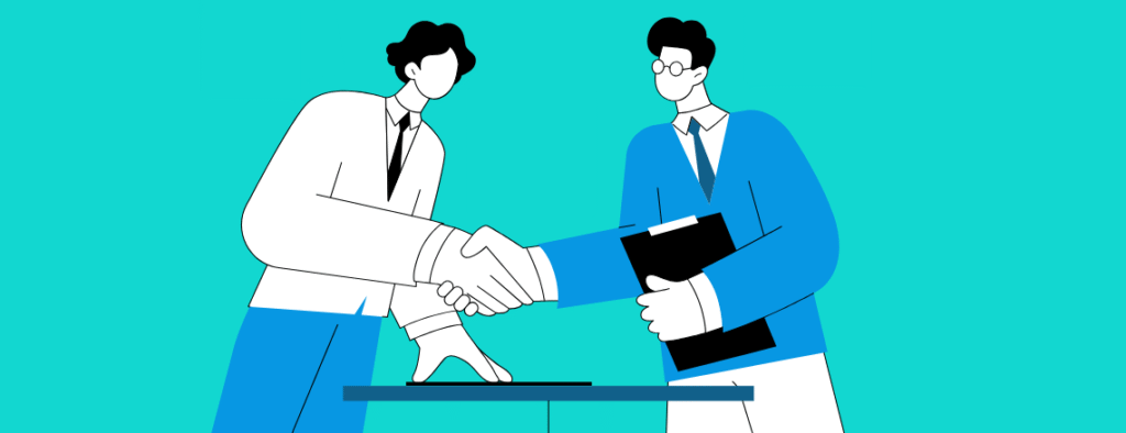 Stylized illustration of an attorney shaking hands with a new client, representing the trust and professionalism established by a modern law firm website.
