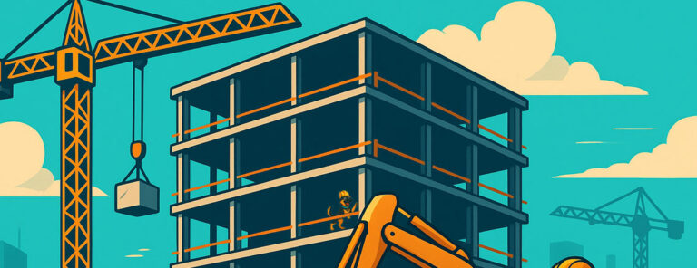 Illustration of a modern building under construction with cranes and scaffolding, symbolizing ongoing website development.