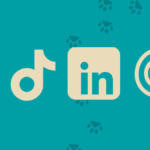 Row of beige social media icons (Facebook, Instagram, TikTok, LinkedIn, Google, and Email) on a teal background with paw prints.