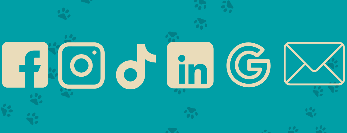Row of beige social media icons (Facebook, Instagram, TikTok, LinkedIn, Google, and Email) on a teal background with paw prints.