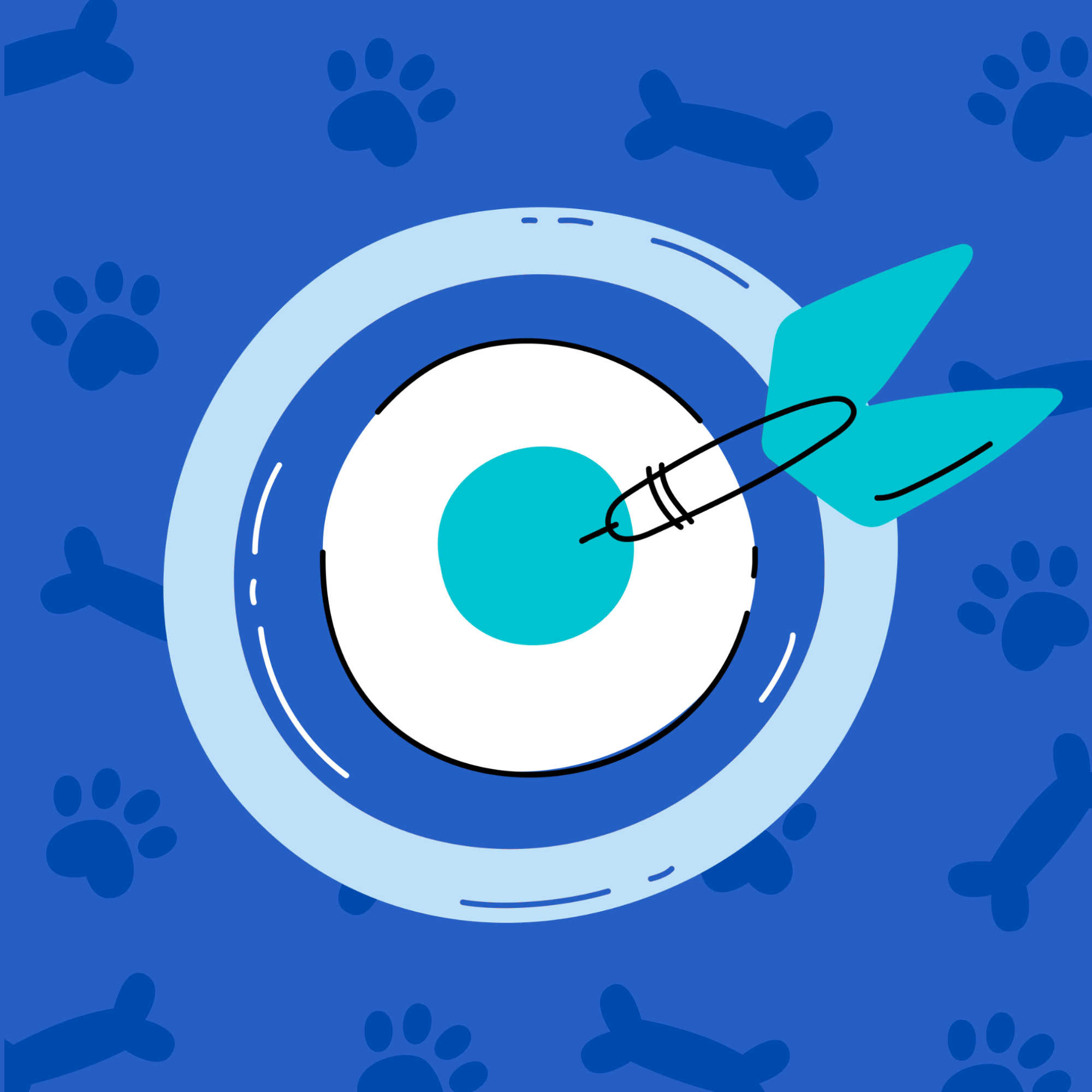 Hitting Your Target Audience Illustration of a dart hitting the center of a target, set on a blue background with playful paw prints and dog bone shapes.