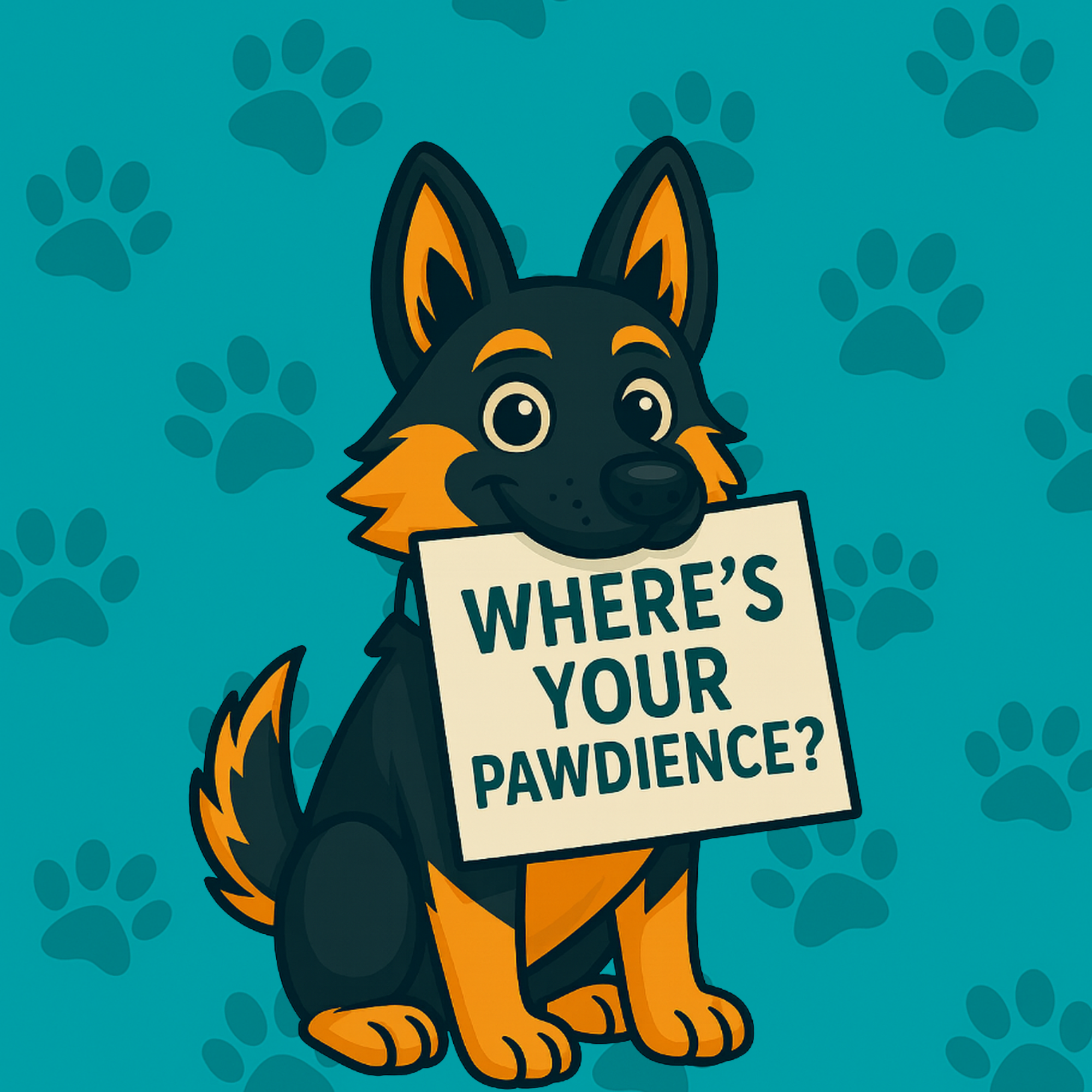 Where’s Your Pawdience? Cartoon dog holding a sign that reads “Where’s your pawdience?” on a teal background with paw prints.