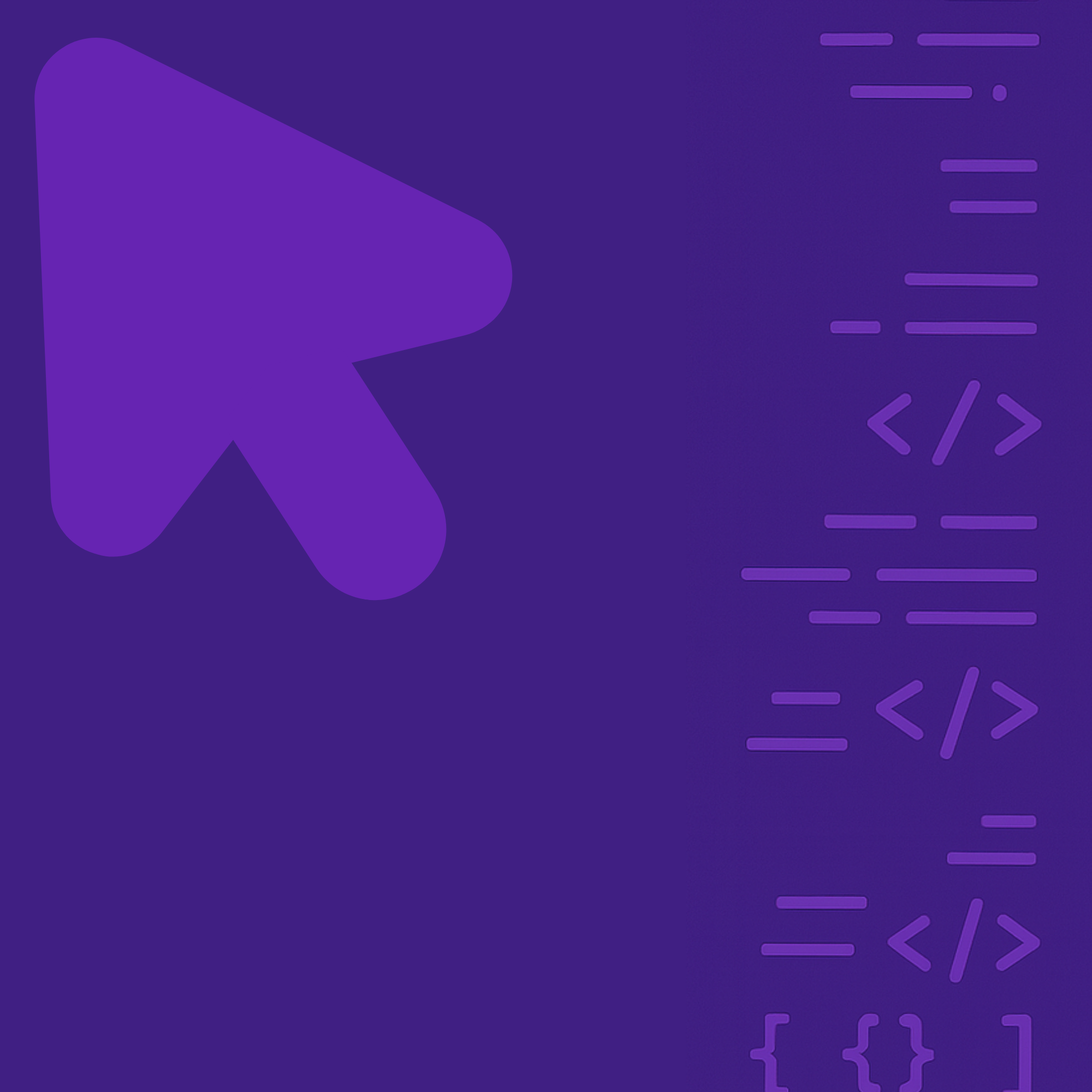 Flat purple illustration of a large cursor icon with surrounding code symbols, representing website hover effects and interactive design.