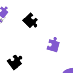 Minimal flat illustration of two people assembling black and purple puzzle pieces, symbolizing building user-friendly websites with interactive design.