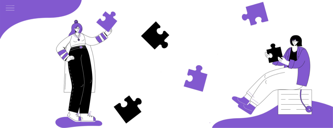 Minimal flat illustration of two people assembling black and purple puzzle pieces, symbolizing building user-friendly websites with interactive design.