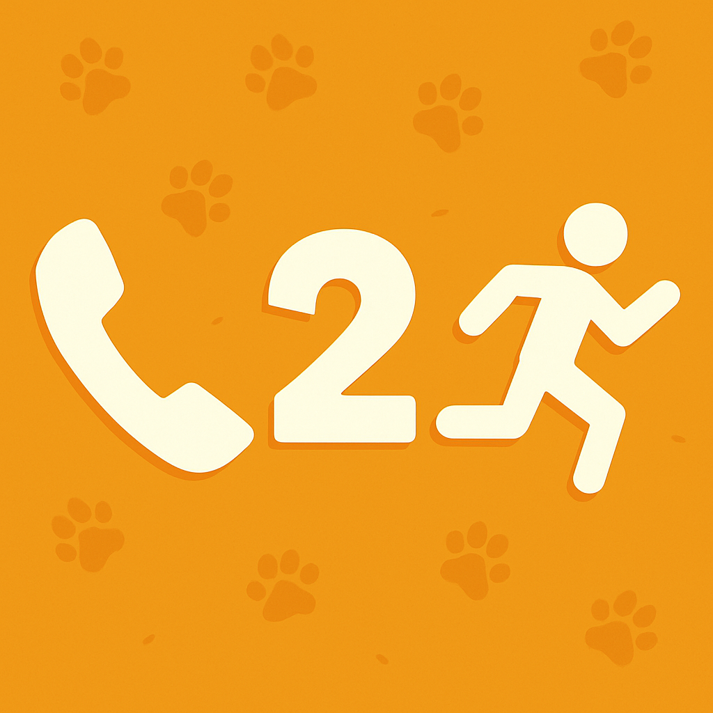 A playful graphic on an orange background with paw prints, showing a phone icon, the number two, and a running figure, representing a “call to action.”