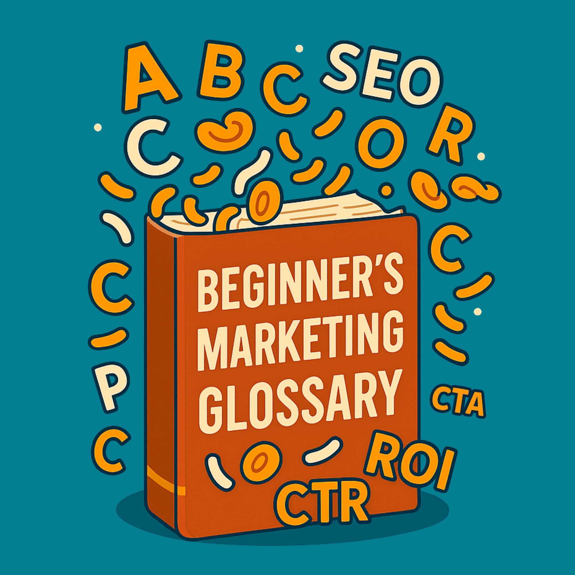 Beginner’s Marketing Glossary Illustration Illustrated book with the title “Beginner’s Marketing Glossary” surrounded by floating marketing terms like SEO, ROI, CPC, and CTA.