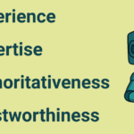 Cartoon robot holding a magnifying glass next to the acronym EEAT, showing Experience, Expertise, Authoritativeness, and Trustworthiness.