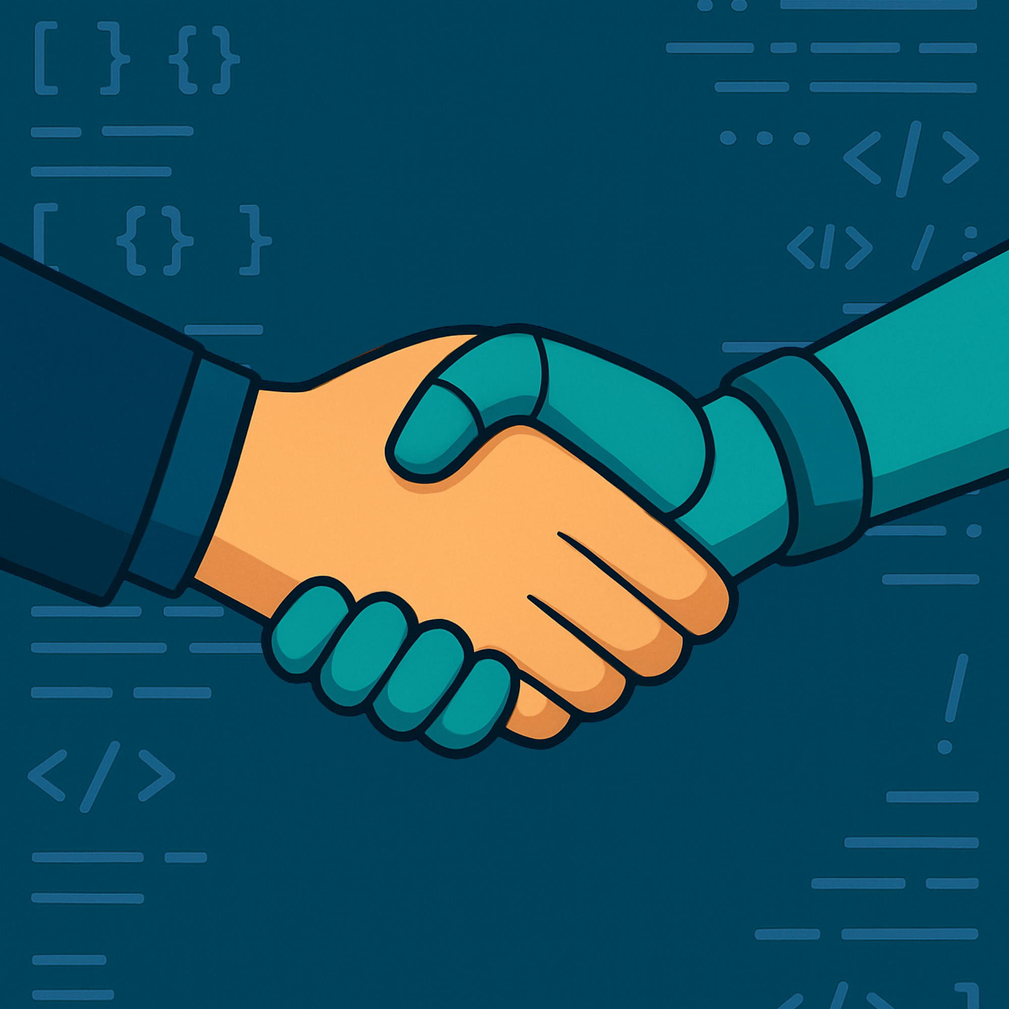 AI and Human Handshake Collaboration Illustration Illustration of a human hand shaking hands with a robot hand on a dark blue background with programming code symbols.