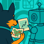Cartoon dog and robot studying maps and charts together on a teal background filled with navigation icons.