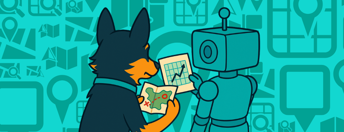 Cartoon dog and robot studying maps and charts together on a teal background filled with navigation icons.