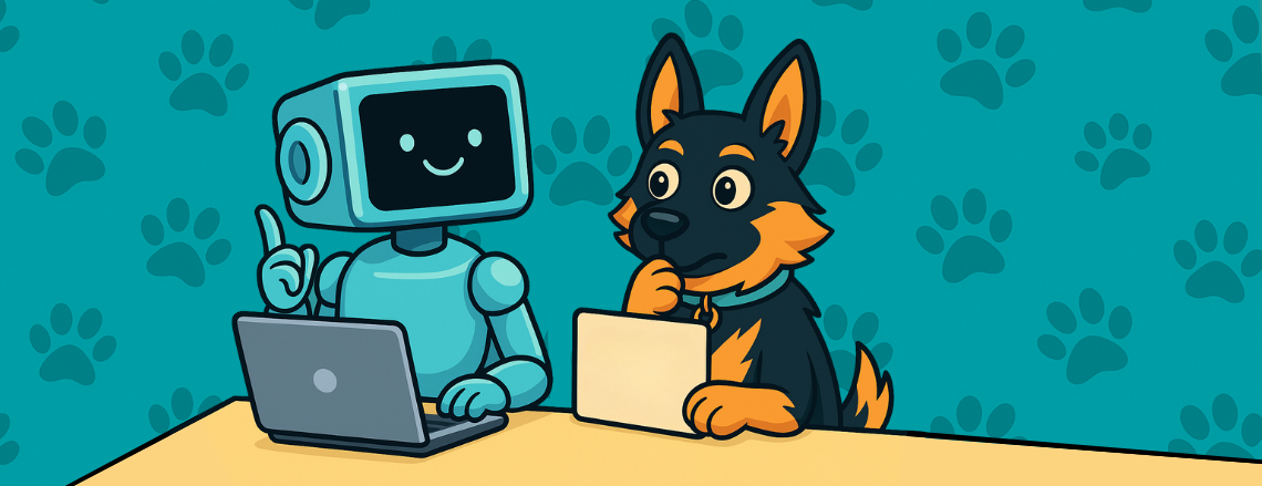 Cartoon robot and dog sitting at a desk with laptops, brainstorming together on a teal paw-print background.