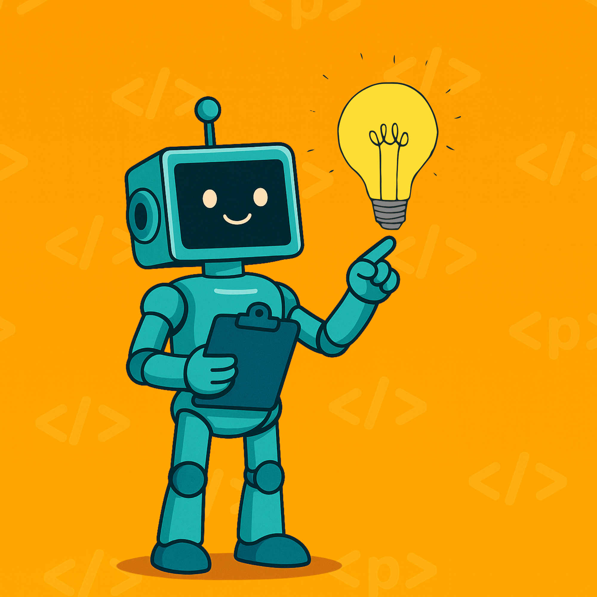 Bright Ideas for AI Search Optimization Cartoon robot holding a clipboard and pointing to a glowing lightbulb, symbolizing a new idea, on an orange background.