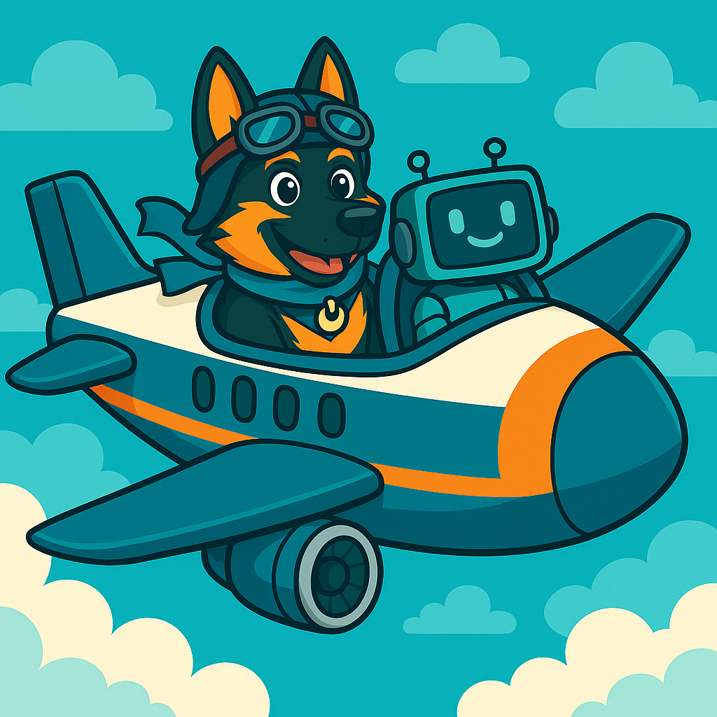 Taking Marketing to New Heights Cartoon dog wearing aviator goggles and a scarf flying in an airplane with a smiling robot against a teal sky with clouds.