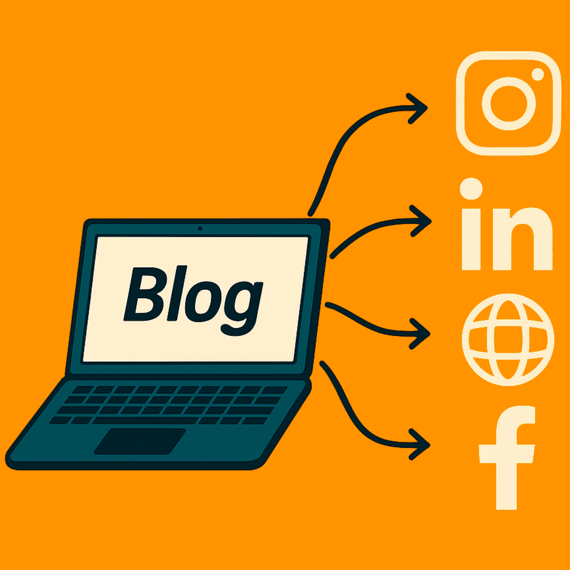 Blog Content Shared on Social Media Illustration Illustration of a laptop with the word “Blog” on screen and arrows pointing to social media icons for Instagram, LinkedIn, a website, and Facebook.