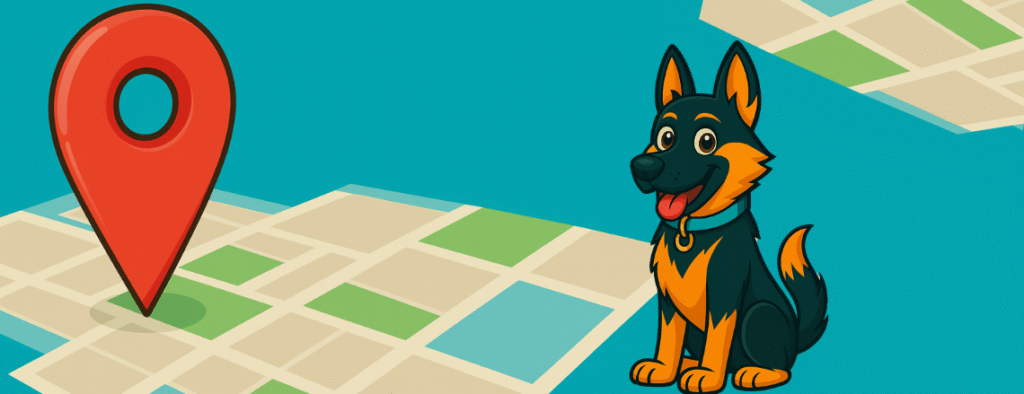Cartoon German Shepherd sitting beside a large red map pin on a stylized map background, symbolizing Google Maps visibility.