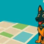Cartoon German Shepherd sitting beside a large red map pin on a stylized map background, symbolizing Google Maps visibility.