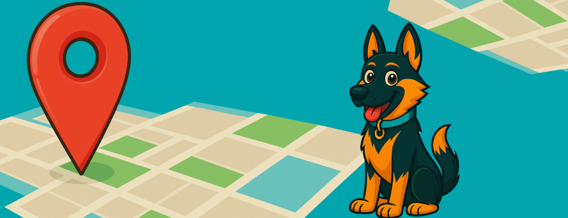 Cartoon German Shepherd sitting beside a large red map pin on a stylized map background, symbolizing Google Maps visibility.