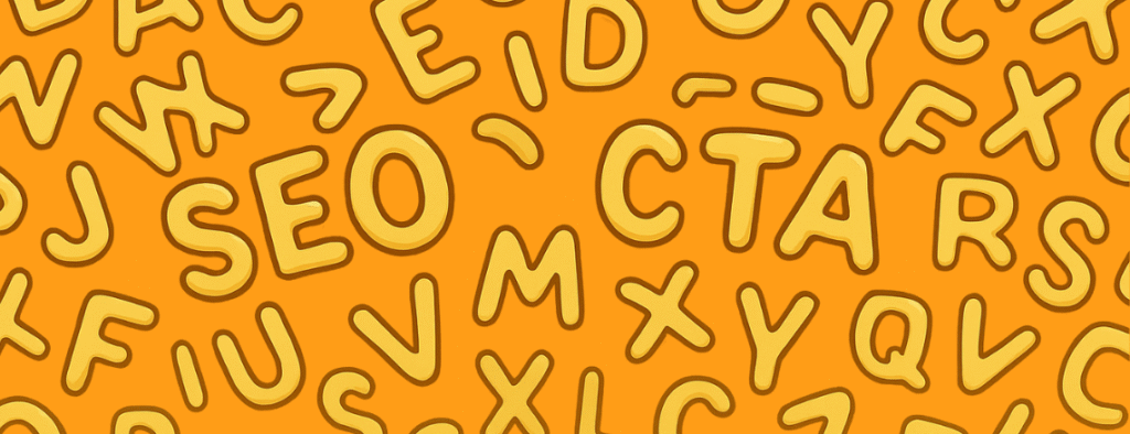 Orange background filled with playful alphabet letters highlighting marketing terms like SEO and CTA.