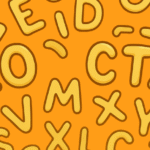 Orange background filled with playful alphabet letters highlighting marketing terms like SEO and CTA.