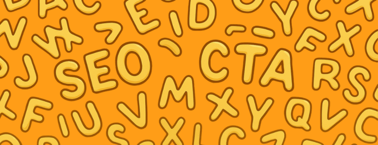 Orange background filled with playful alphabet letters highlighting marketing terms like SEO and CTA.