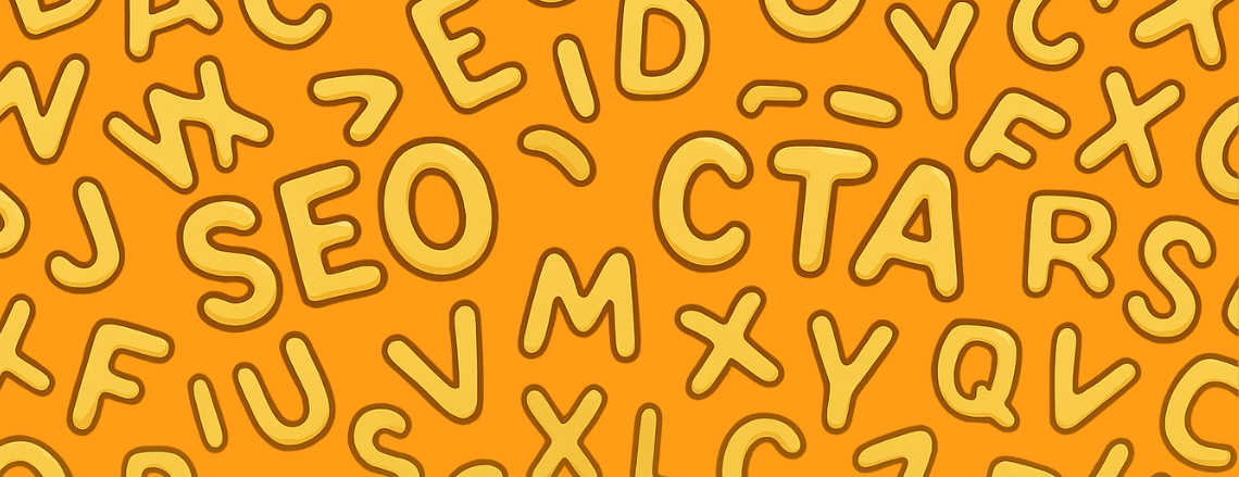 Orange background filled with playful alphabet letters highlighting marketing terms like SEO and CTA.