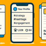 Graphic with three illustrated panels showing SEO and social media concepts: a website example highlighting keyword optimization, a mobile profile with hashtags and engagement metrics, and a page labeled “Writing for SEO” featuring keyword research tips, all on a bright orange background.