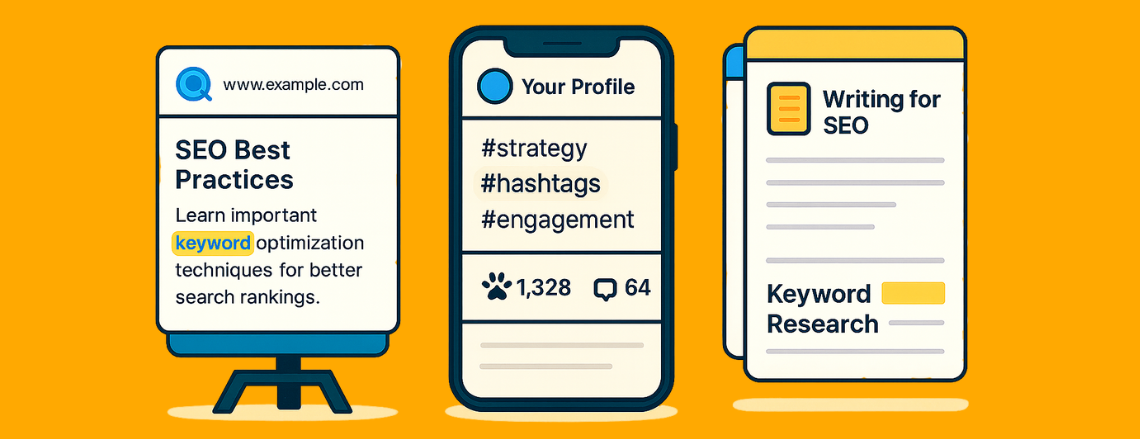 Graphic with three illustrated panels showing SEO and social media concepts: a website example highlighting keyword optimization, a mobile profile with hashtags and engagement metrics, and a page labeled “Writing for SEO” featuring keyword research tips, all on a bright orange background.