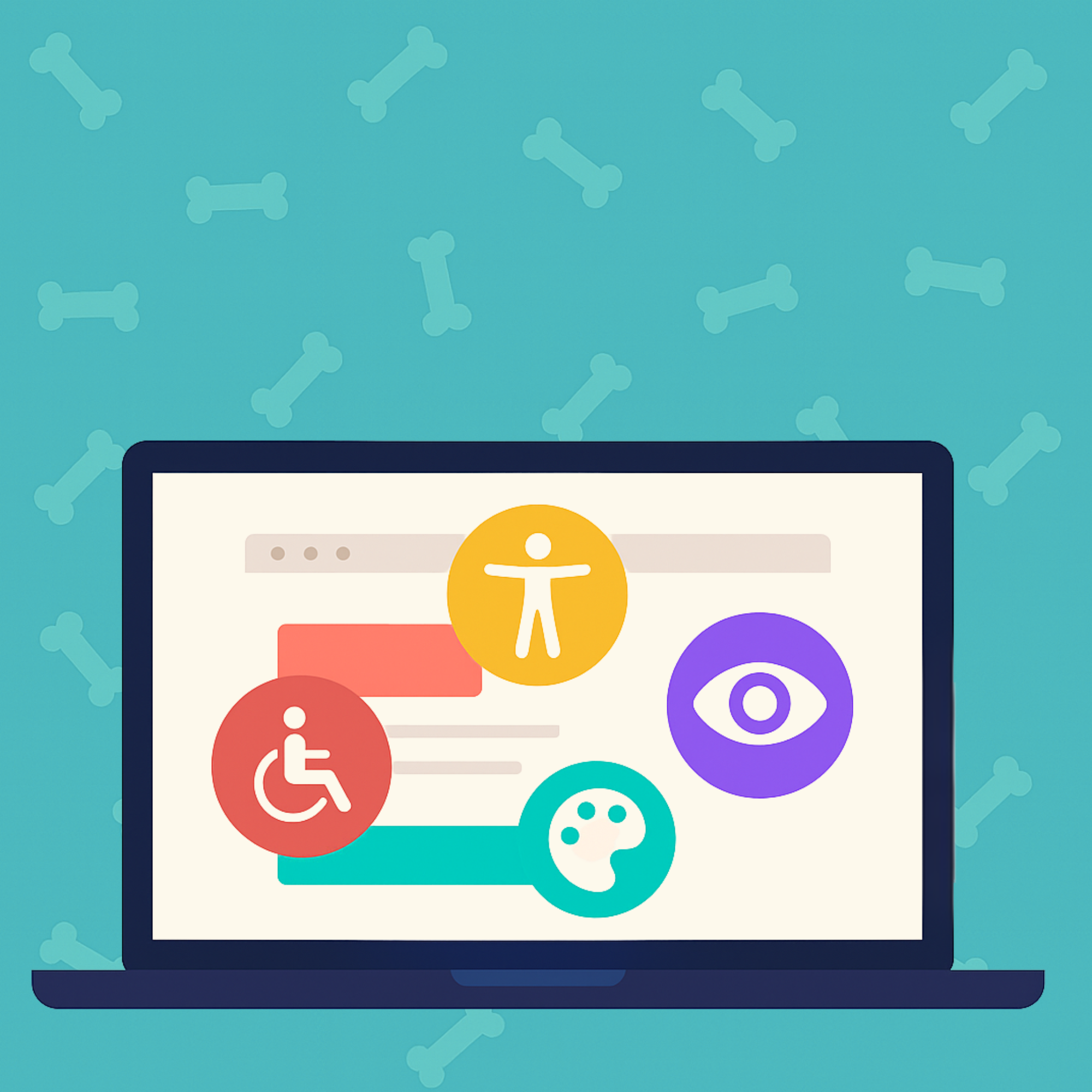 Laptop screen showing accessibility icons for vision, mobility, and design contrast, representing website accessibility and inclusive web design.