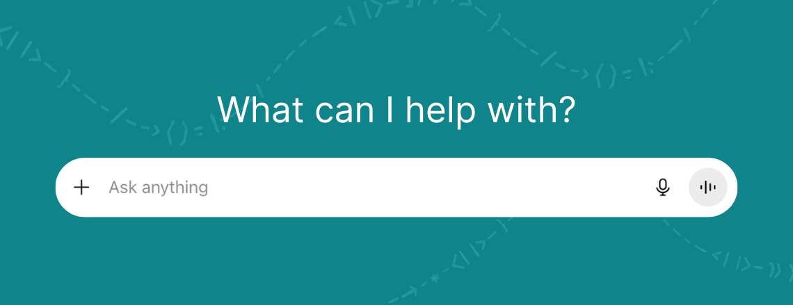 Teal background with a white search bar and the phrase “What can I help with?” displayed above, representing AI tools ready to assist with any task.