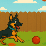 Three cartoon dogs—a poodle, German Shepherd, and Rottweiler—happily playing with a red ball in a backyard during autumn.