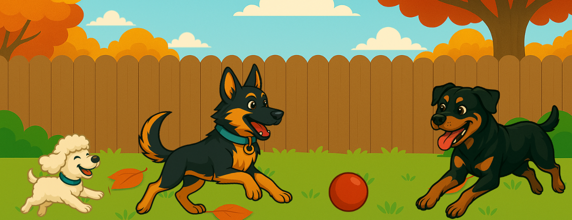 Three cartoon dogs—a poodle, German Shepherd, and Rottweiler—happily playing with a red ball in a backyard during autumn.