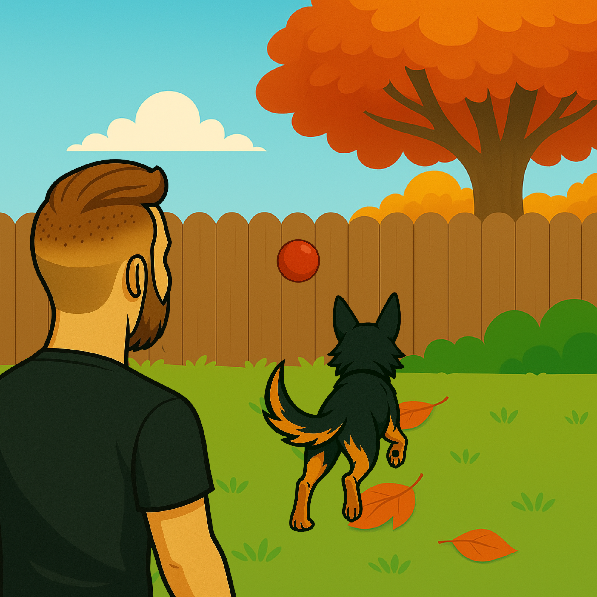 A man watches his German Shepherd dog chase a red ball in a backyard with orange autumn leaves on the grass.
