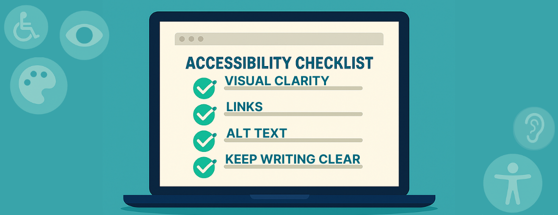 Illustration of a laptop displaying an accessibility checklist with items like visual clarity, links, alt text, and clear writing, symbolizing website accessibility best practices.