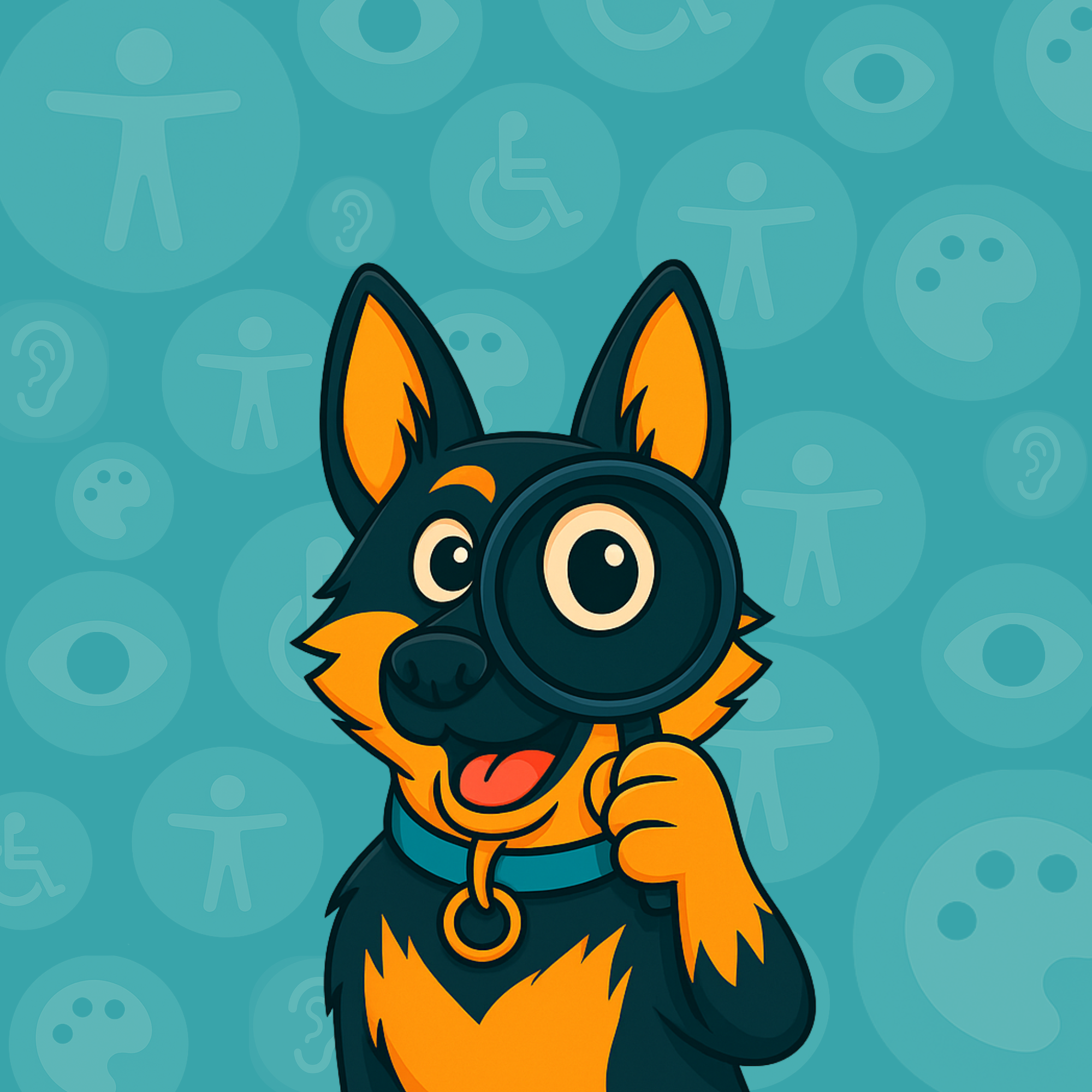 Illustration of Stark, a cheerful German Shepherd mascot, holding a magnifying glass against a teal background with accessibility icons, representing attention to website accessibility.