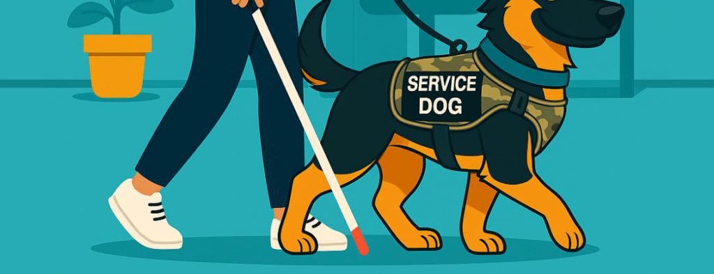 Illustration of a service dog guiding a person with a cane, symbolizing accessibility, independence, and inclusive website design principles.