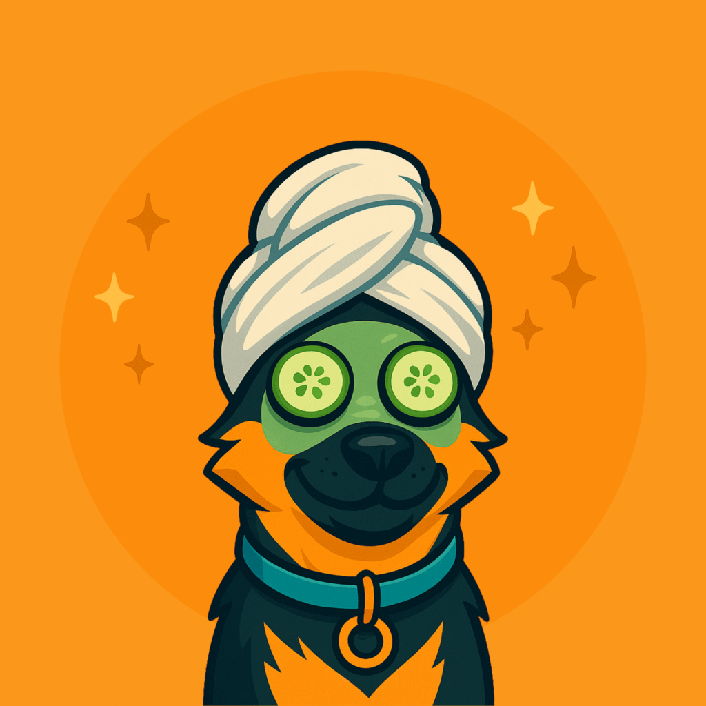 Stark Spa Day Illustration Cartoon illustration of Stark the dog wearing a towel wrap and cucumber slices on his eyes with a bright orange background.